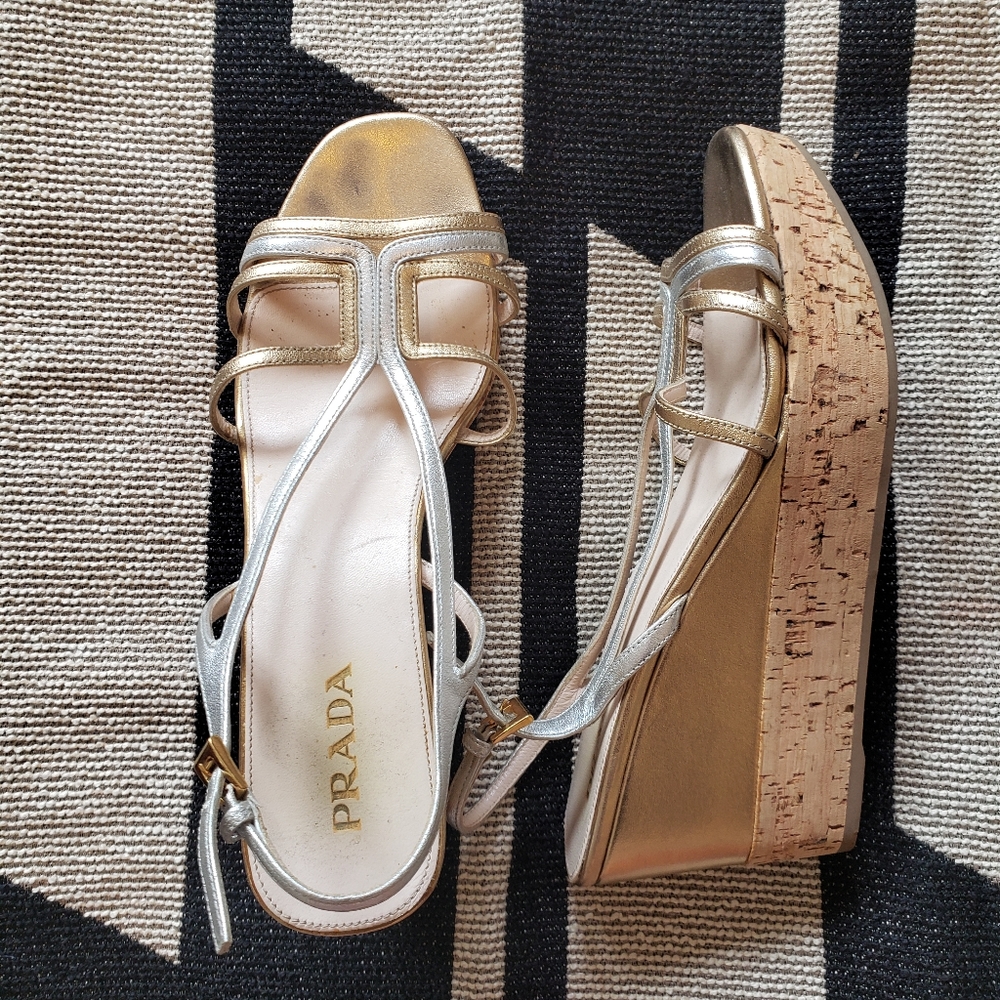Prada Gold and Silver Cork Wedges